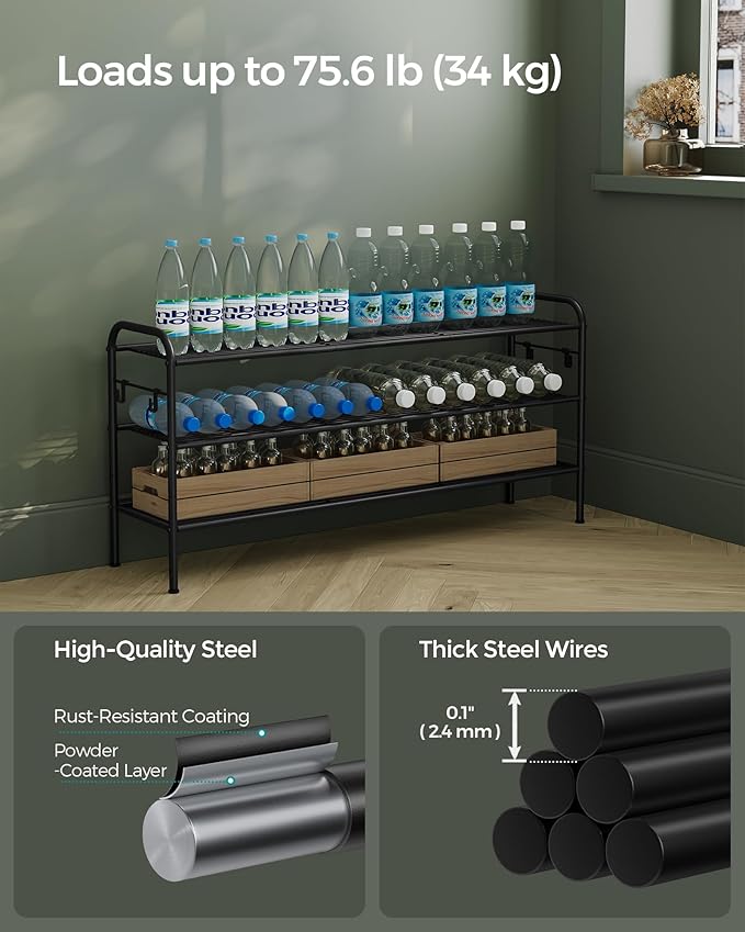 SONGMICS Shoe Rack, 3-Tier Shoe Organizer, Metal Shoe Shelf Storage with 4 Side Hooks, Holds 18 Pairs of Shoes, Height-Adjustable Shoe Rack for Entryway, Hallway, Closet, Easy Assembly, Ink Black