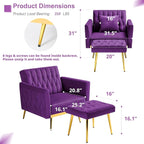 Velvet Accent Chair with Adjustable Armrests and Backrest, Button Tufted Lounge Chair, Single Recliner Armchair with Ottoman and Pillow for Living Room, Bedroom, Purpel