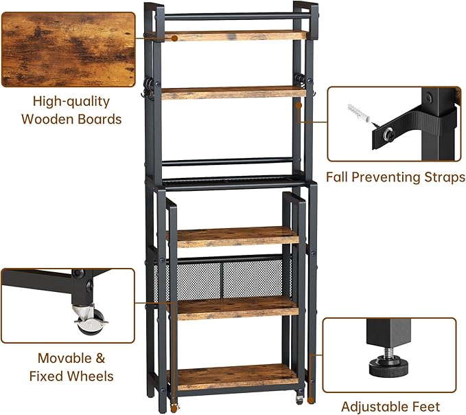 Recaceik 6-Tier Over The Toilet Storage Shelf with Cart, Freestanding Above Toilet Shelf Rack, Farmhouse Bathroom Organizer Shelves, Space Saver (Brown)