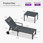 PURPLE LEAF Patio Lounge Chair Set of 3 Outdoor Chaise Lounger Aluminum Frame with Armrest Side Table and Wheels for Pool Outside Sunbathing Tanning Recliner Including Pillows Gray