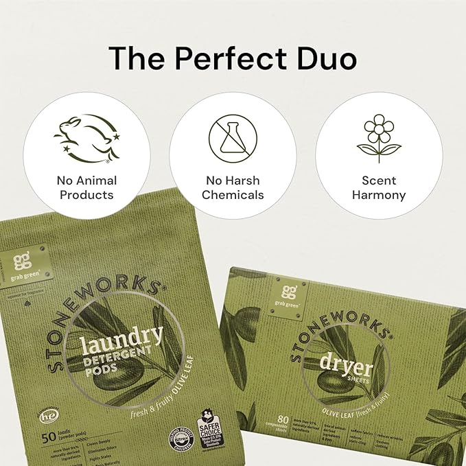 Grab Green Stoneworks Laundry Detergent Pods and Dryer Sheet Bundle, 50 Count Pods and 80 Dryer Sheets, Olive Leaf Scent, Plant and Mineral Based Laundry Care Set