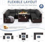 NICESOUL 9 Piece Extra Large Outdoor Patio Furniture Set with Fire Pit Natural Gas/Propane, 29.3 High Back Modular Sectional Couch Sets, Deep Seat Conversation Set, Brown Rattan and Dark Grey Cushion