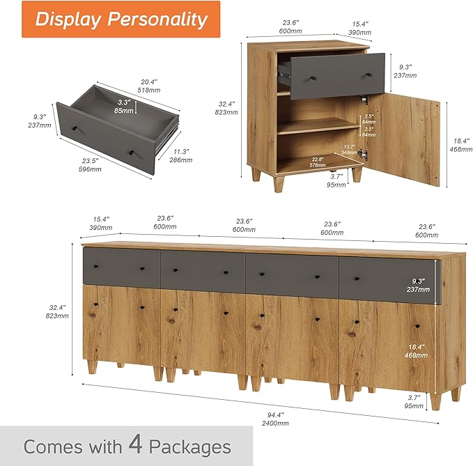 WAMPAT Set of 4 Storage Cabinets for Living Room, Modern Wood Accent Cabinets Sideboard with Drawers, Doors, and Adjustable Shelves for Dining Room, Kitchen, Entryway, Oak Brown & Dark Grey