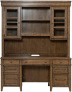 Liberty Furniture Carolina Park Credenza & Hutch with LED Light, Keyboard Tray, File Storage for Home Office- Amber Brown Oak Wood
