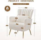 Fabric Accent Living Room Arm Chair Set of 2 Mid Century Modern Chairs with Pillow & Golden Legs, 8.5" Thick Cushion, Upholstered Comfy Sofa Armchair for Reading Room/Bedroom, White