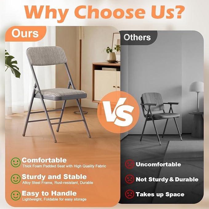 Commercial Grade Folding Chair with Padded Fabric Cushion（16"X16" |Double-hinged Legs Luxury Style|4.5kg Capacity Max Weight 150Kg for Home and Office,Indoor and Outdoor Events (4, Fabric-Beige)