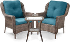 3 Piece Patio Brown Wicker Chairs with Side Table - Outdoor High Back Heavy Duty All-Weather Lawn Dining Rattan Chair Conversation Bistro Set for Deck Porch Balcony Garden - Peacock Blue