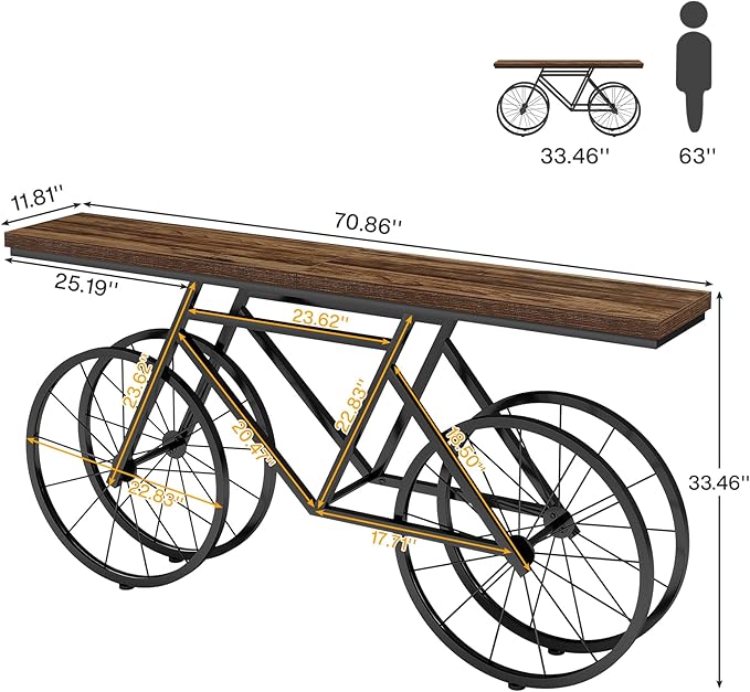 Tribesigns 70.9-Inch Extra Long Console Table, Narrow Sofa Table with Bicycle Metal Base, Modern Industrial Entryway Table Behind Couch Table for Living Room, Hallway, Entrance, Foyer, Rustic Brown