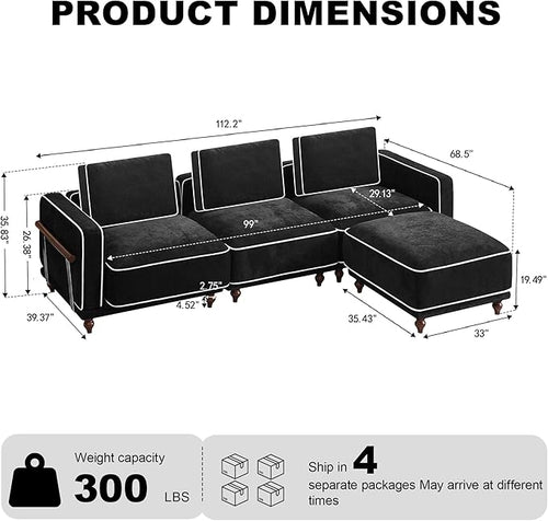 112" 3 Seater Cloud Couch with Ottoman,Modular Sectional L Shaped Sofa with Armrests Wooden Legs,Oversized Deep Seat Comfy Thicked Cushion Upholstered Sofa for Living Room Bedroom,Black