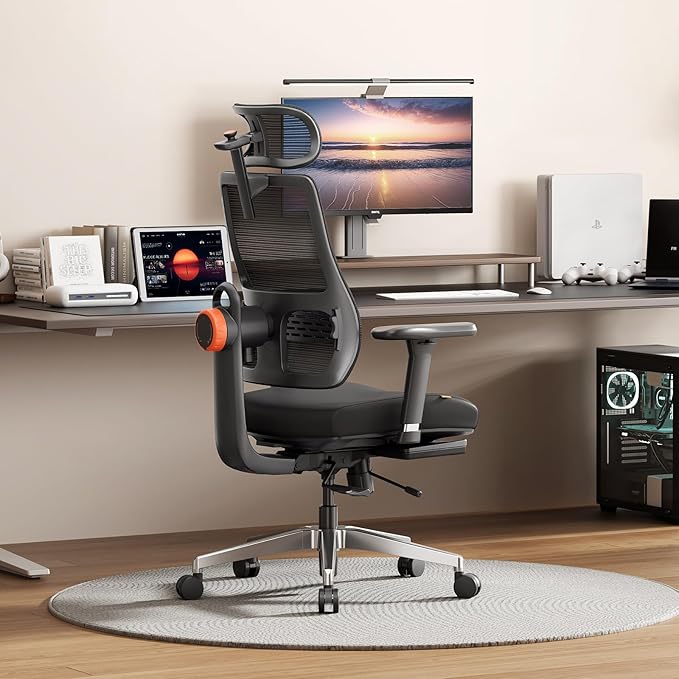Newtral Office Chair Ergonomic with Footrest, Auto-Following Lumbar Support, High Back Desk Chair with 4D Armrest,136° Tilt Lock, Adjustable Seat Depth & Height (5D Headrest+Aluminum Base, Black)