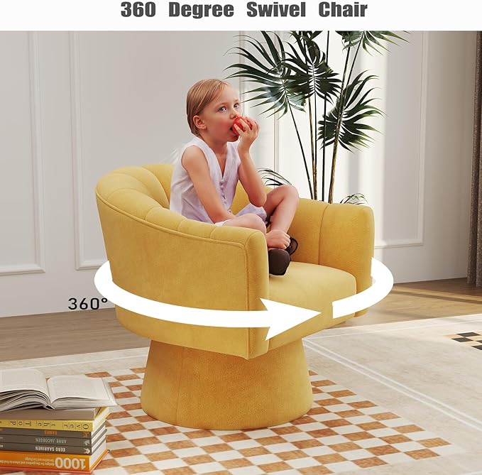 Swivel Accent Chair,Upholstered Velvet 360° Swivel Barrel Chair for Living Room Overstuffed Bouncle Reading Chair Round Armchair for Bedroom,Vanity,Office(Mustard)
