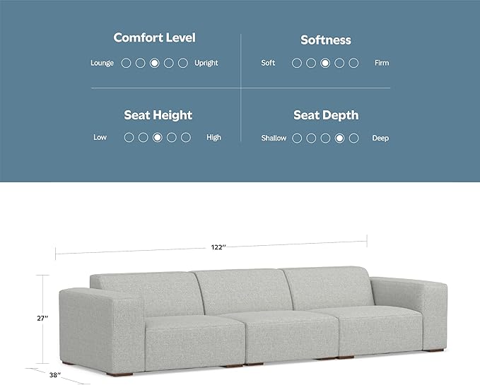SIMPLIHOME Rex 3-Seater Modular Sofa in 100% Recycled Polyester Tightly Woven Performance Fabric, Pale Grey, 122-inches Wide, Handcrafted Modern-Style Couch for Living Room and Family Room