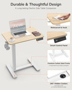 FiCiHi Small Electric Standing Desk - Adjustable Height Bedside Laptop Table with Wheels, Mobile, Portable Rolling Computer Workstation Sit Stand Table for Home Office, Sofa, Couch Use(28x16,Maple)