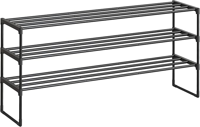 SONGMICS Shoe Rack, 3-Tier Shoe Organizer, Metal Storage Shelf, Upright or Upside Down, for 20-24 Pairs, Stackable, for Entryway, 11.8 x 46.1 x 21.7 Inches, Black ULSA033B01