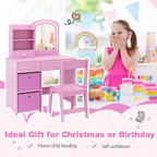 GLACER Kids Vanity Table and Chair Set, Princess Makeup Vanity Desk with 5 Drawers, Open Shelves, Mirror, 2-Color LED Lights, Wooden Toddler Vanity, Pretend Play Vanity Set for Little Girls (Pink)