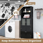LOKO Tall Bathroom Cabinet, Modern Storage Organizer with Doors & Open Shelves, Wooden Floor Cabinet with Adjustable Shelves for Bathroom, Living Room or Kitchen (Black)