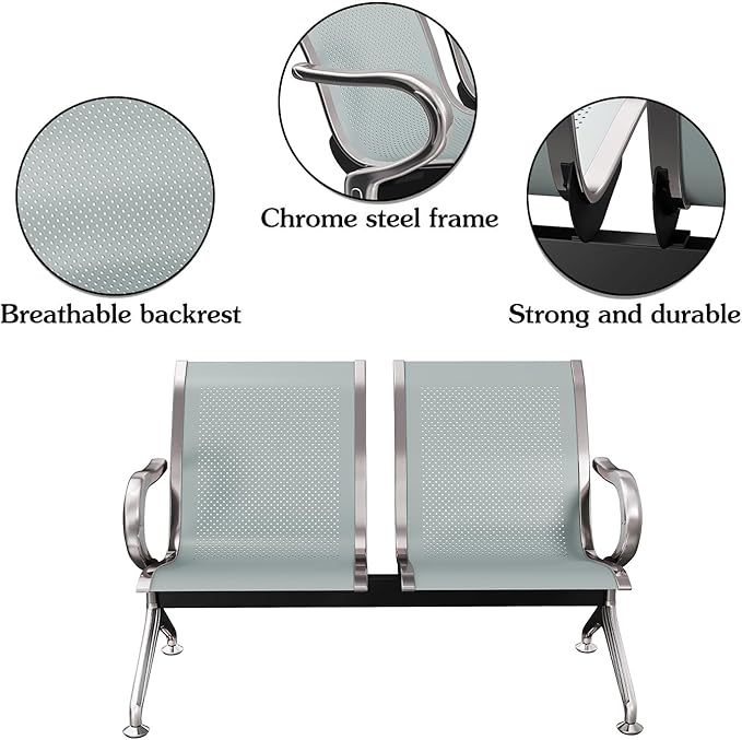 Kinsuite 2-Seat Reception Chairs - Waiting Room Chairs with Arms & Stainless Steel Frame, Waiting Room Bench Lobby Chairs for Office Airport Bank Hospital, Silver