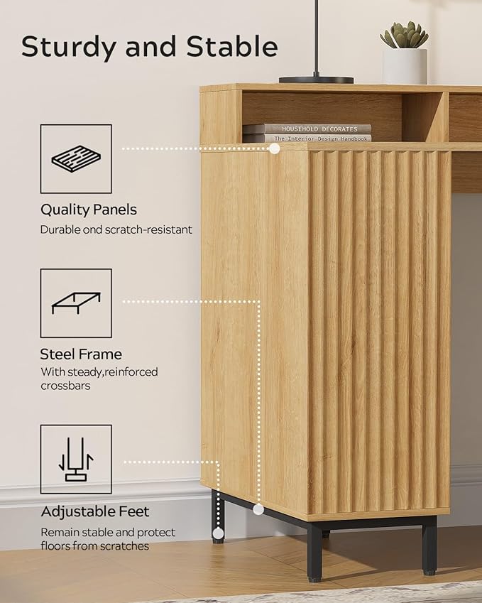 Fluted Executive Desk with Storage Shelf & File Drawer, 55" Modern Wood Office Desk with Monitor Stand & Charging Station, Home Writing Study Computer Table for Work Study, Natural Oak
