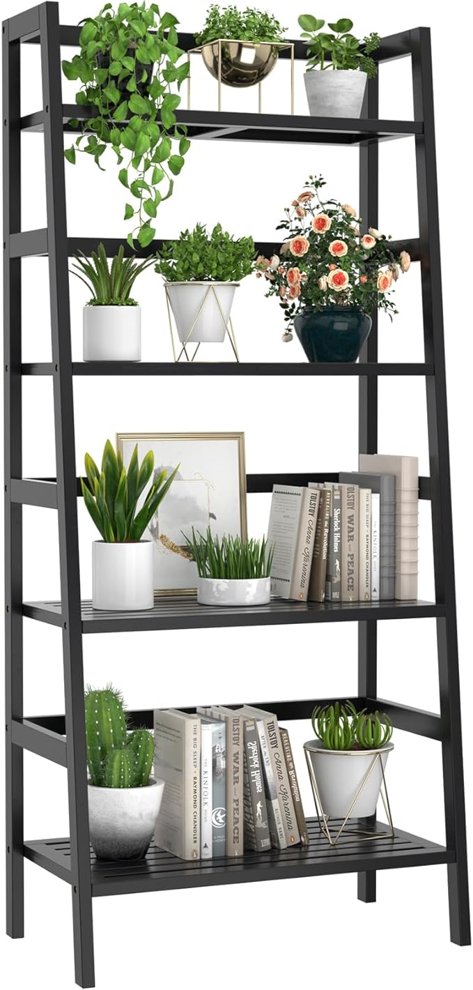 Homykic Bamboo Bookshelf 4-Tier Ladder Shelf, 49.2” Freestanding Open Bookcase Book Shelf Bathroom Storage Shelf Unit Plant Stand for Small Space, Living Room, Bedroom, Home Office, Black