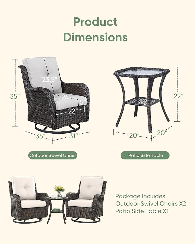 HUMMUH 5 Piece Outdoor Patio Furniture Set Wicker Conversation Bistro Set Swivel Rocking Chairs with Side Table and Ottomans for Backyard, Porch, Balcony