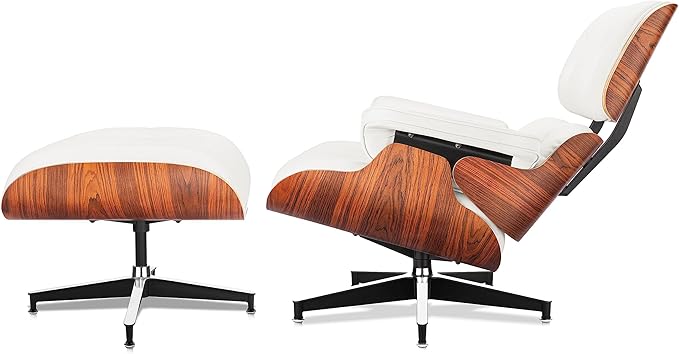 Top White Grain Leather, Mid Century Chaise Lounge Chair and Ottoman, Modern Chair Classic Design, Palisander Wood, Heavy Duty Base Support for Living Room Office
