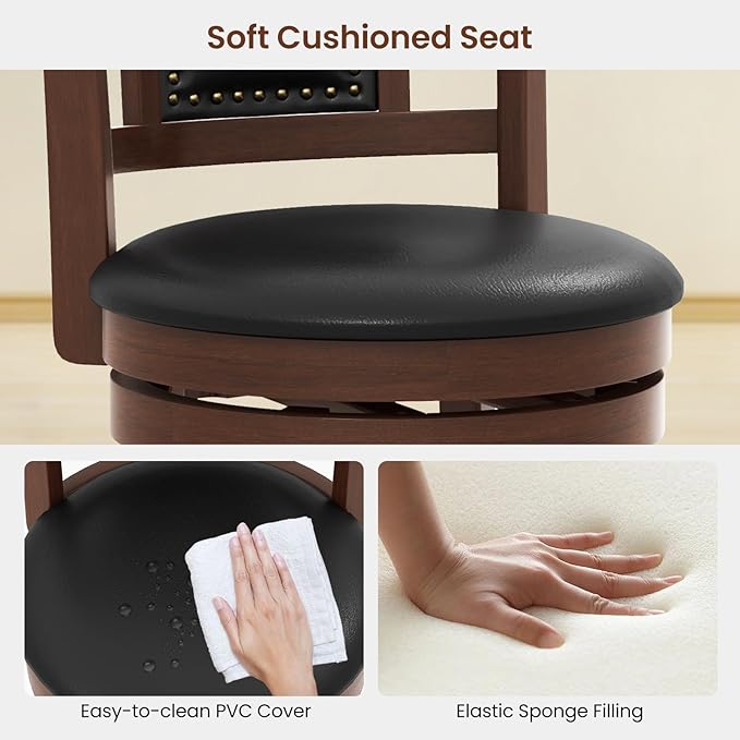 COSTWAY Bar Stools Set of 4, 25.5” Swivel Upholstered Counter Height Bar Stool with Curved Backrest & Cushioned Seat, Solid Rubber Wood Legs & Resting Footrest, for Kitchen Island (4, 25.5”)