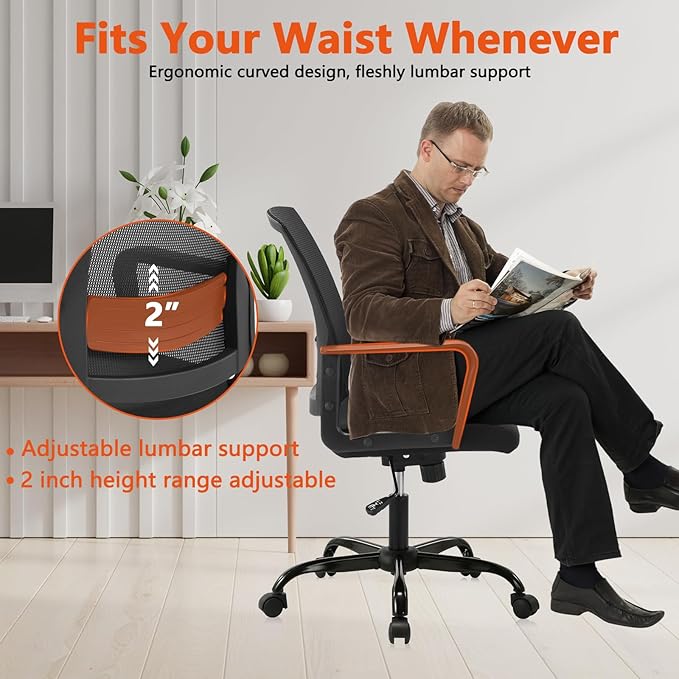 CLATINA Ergonomic Desk Chair, Mid Back Mesh Computer Chair with Lumbar Support and Armrest, Height Adjustable Swivel Chair for Home Office, Black (1PK)