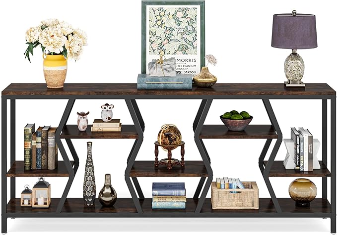 Tribesigns 70.9 Inches Sofa Console Table with 4 Tier Wood Storage Shelves, Industrial Extra Long Narrow Entryway Accent Tables for Hallway, Living Room, Foyer (Rustic Brown)