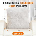 Cheer Collection Throw Pillows for Couch and Bed, Soft Shaggy Throw Pillows with Inserts Included, Cozy Long Hair Faux Fur Pillows - Set of 2-26" x 26" White