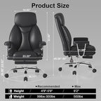 Big and Tall Office Chair, Executive Home Office Desk Chair, Comfy Leather High-Back Reclining Computer Chair with Retractable Footrest and Padded Arms, 360°Swivel Rolling Wheels, Wide Seat, Black