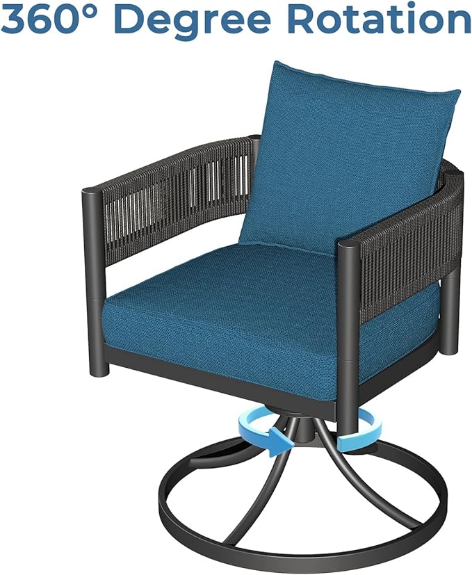 Grand patio Outdoor Dining Set, 7-Piece Patio Table and Chairs Set, Metal Woven Wicker Swivel Patio Chairs with Thickened Cushions & 1 Rectangular Woodgrain Dining Table with Umbrella Hole (Brown)