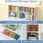 Costzon Kids Desk and Chair Set, Wooden Children Study Desk w/Hutch, Large Cabinet and Drawer for Home School Writing, Reading & Drawing, Computer Workstation Student Table and Chair for 3+ (White)