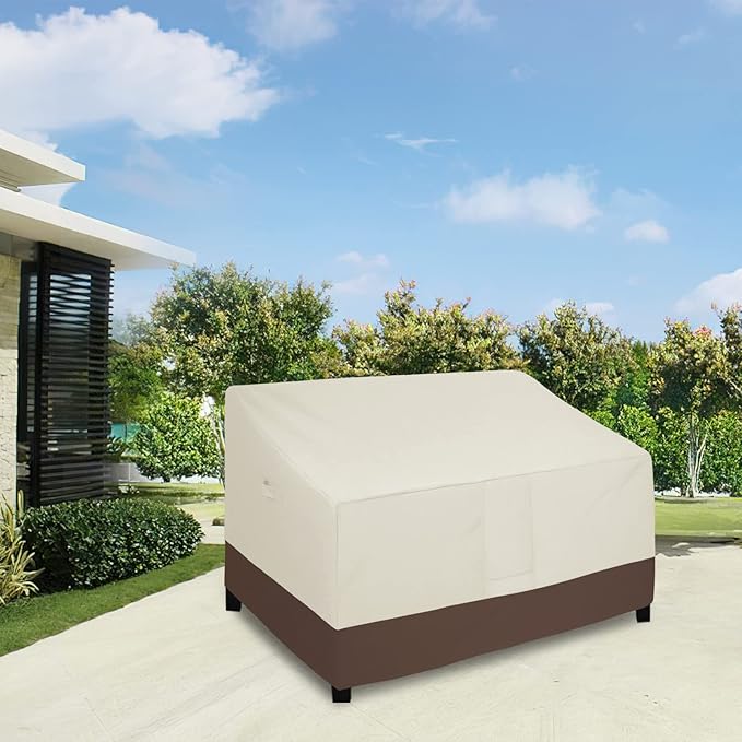 Easy-Going Waterproof Outdoor Sofa Cover, Heavy Duty 2 Seater Outdoor Loveseat, Windproof Patio Furniture with Air Vent (60Wx35Dx35H inch, Beige/Dark Brown)
