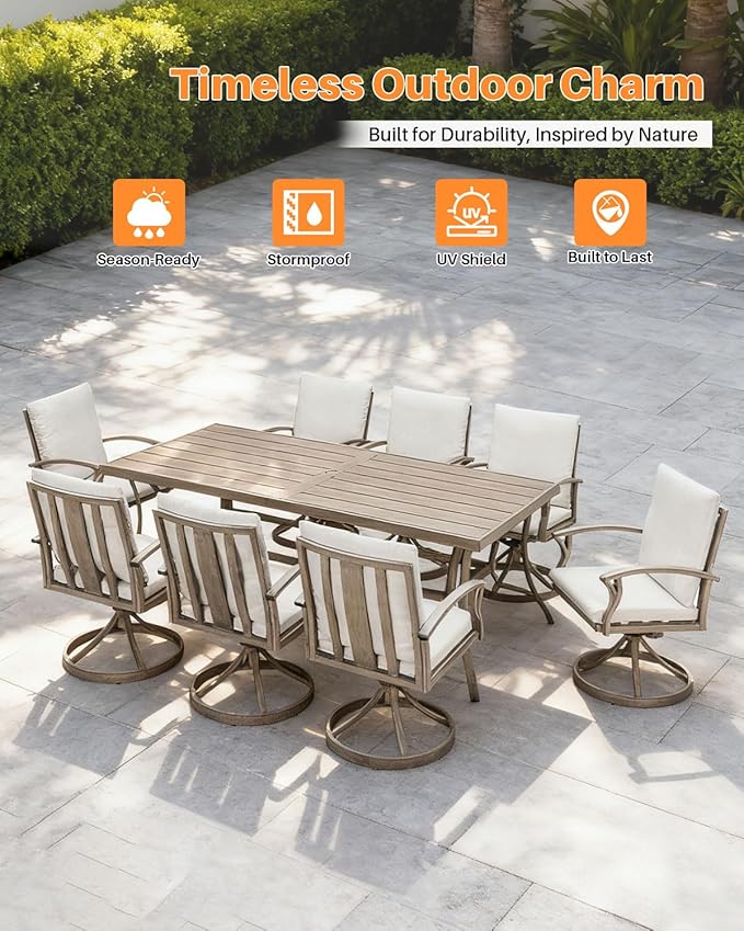 9-Piece Patio Dining Set for 8, Aluminum Outdoor Swivel Dining Set with Cushions, Outdoor Dining Set with Umbrella Hole, Patio Table and Chairs Furniture Sets for Deck, Garden Yard, Limed Oak