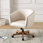 Beige Faux Leather Home Office Desk Chair, Upholstered Barrel Swivel Adjustable Arm Desk Chair with Nailheads, Comfy Mid-Back Study Chair with Silent Wheel for Study Office Computer