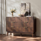 Modern 6 Drawer Dresser, Walnut, Fluted Wave Design, Rounded Corners, Mid Century Dresser TV Stand, 48" Wide Chest of Drawers for Bedroom and Living Room