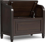 SIMPLIHOME Connaught Entryway Storage Bench - 30 inch Wide Solid Wood Small Storage Seat in Chestnut Brown, Traditional Bench for Entryway or Living Room with Lift-Up Lid and Decorative Trim