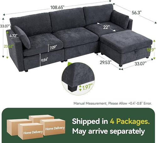 109'' Modular Sectional Sofa, L Shaped Couch with Storage Ottoman, Comfy Cloud Sofa with Deep Seat, 4 Seat Convertible Sectional Couches for Living Room (Gray, Low Legs 1.97")