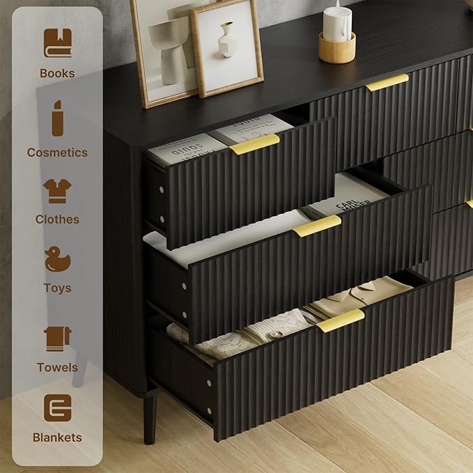 LYNSOM Fluted Dresser and Nightstand Set, 3 Pieces Bedroom Set, 55 Inch Wide 7-Drawer Dresser & 2-Drawer Nightstands Set of 2, Modern Dressers Set for Bedroom, Hallway, Black