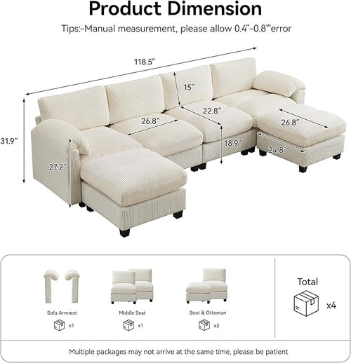 118'' U-Shaped Sectional Couch with 2 Ottoman, Oversized Modular Couches for Living Room, Corduroy Deep Seat Cloud Sofa with Center Stitched, Beige