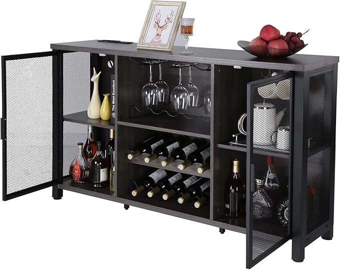 VEVOR 55 Inch Industrial Bar Cabinet, Wine Table for Liquor and Glasses, Sideboard Buffet Cabinet with Wine Rack, Freestanding Farmhouse Wood Coffee Bar Cabinet for Living Room, Home Bar, and Kitchen