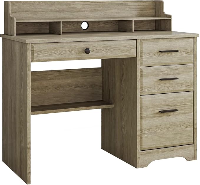 4 EVER WINNER Computer Desk with Drawers, Small Desk with Monitor Stand and File Drawer, Wood Desk with Storage, Writing Desk for Bedroom Home Offic, Grey