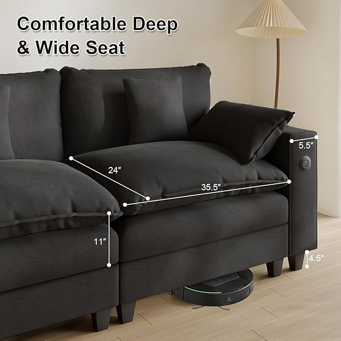 Cloud Couch, Modular Sectional Sofa with Ottoman, Charging Station, Throw Pillows, Cup Holders, Modern Convertible L Shaped Couches for Living Room, Bedroom (Classic Black, 80.7"- L Shape)