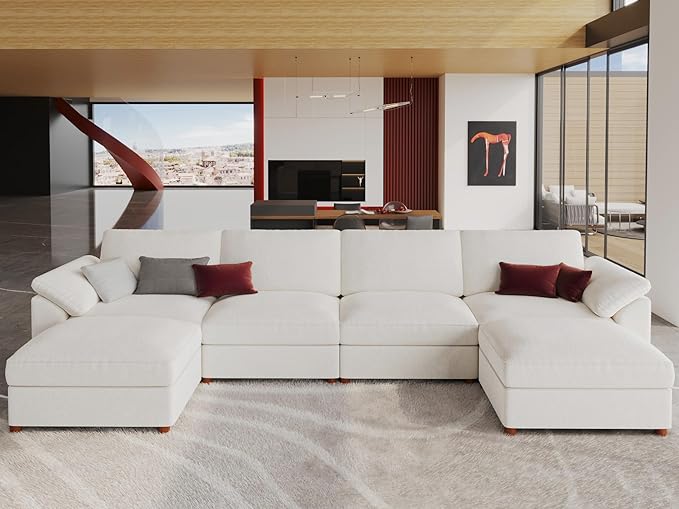 EASE MOOSE Sectional Modular Sofa, Oversized U Shape Sectional Couch Wide Deep seat Sectional Sofa,FSC Certified Comfortable Chenille White Modular Sofa