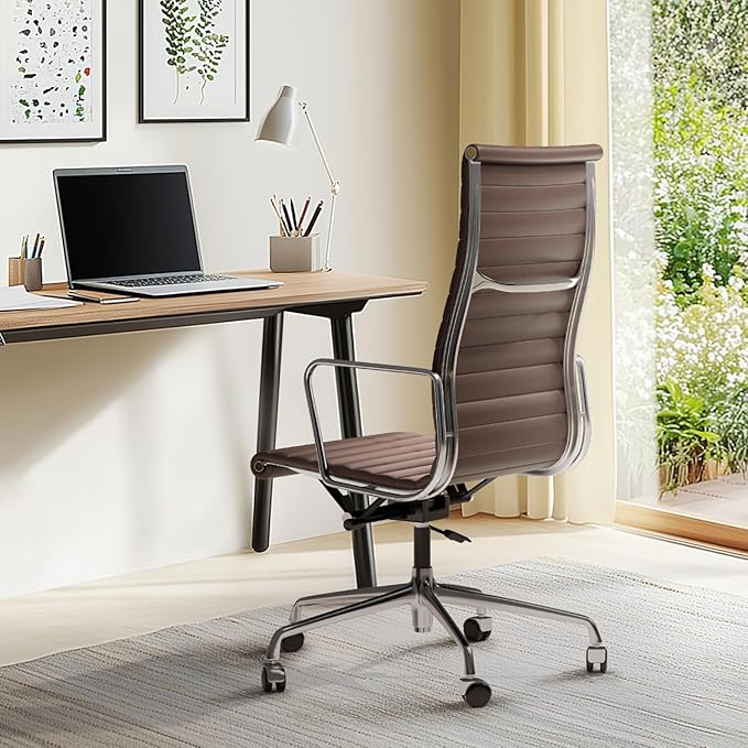 Ribbed Office Chair Top Grain Leather Desk Chair High Back Genuine Leather Swivel Chairs with Aluminum Alloy Arms & Base, with Silent Nylon Wheels, High Adjustable and Tilting Function, Brown