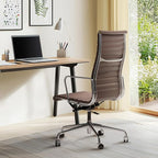 Ribbed Office Chair Top Grain Leather Desk Chair High Back Genuine Leather Swivel Chairs with Aluminum Alloy Arms & Base, with Silent Nylon Wheels, High Adjustable and Tilting Function, Brown