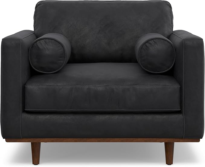 SIMPLIHOME Morrison Accent Chair - 43 inch Wide Upholstered Top Grain Genuine Leather Mid-Century Modern Arm Chair with Solid Wood Frame in Lead Black, for Living Room with 2 Bolster Pillows