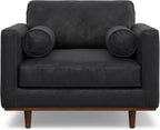 SIMPLIHOME Morrison Accent Chair - 43 inch Wide Upholstered Top Grain Genuine Leather Mid-Century Modern Arm Chair with Solid Wood Frame in Lead Black, for Living Room with 2 Bolster Pillows