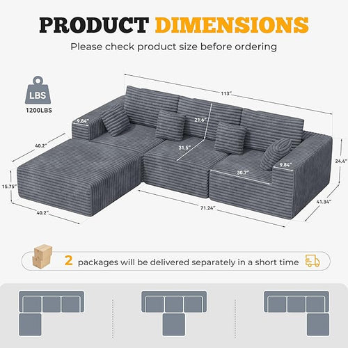 113" Modular Sectional Sofa, Convertible L-Shaped Cloud Couches for Living Room with Ottoman, 4 Seater Corduroy Boneless Couch Sofa Set, No Assembly Required, Grey 1 PCS