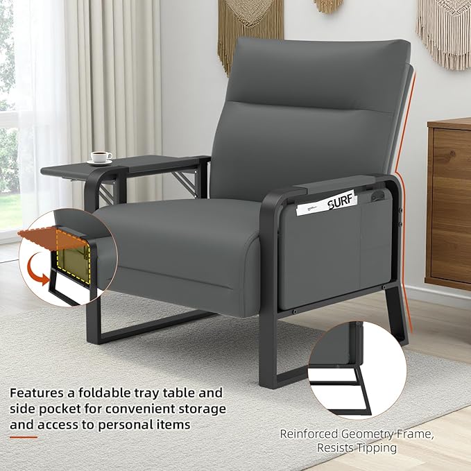 Upholstered Accent Chair, Modern Faux Leather Sofa Chair with Foldable Side Tray Table & Storage Pocket, Small Accent Sofa for Living Room, Bedroom, Reception Room, Gray